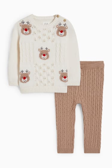 Baby: meisjes - Rendier - babyoutfit voor kerst - 2-delig - kabelpatroon - crème wit