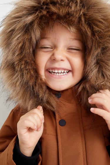 Niños - Parka con capucha y adorno de pelo sintético - marrón