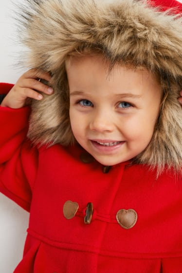 Enfants filles - Manteau à capuche et garniture en imitation fourrure - rouge