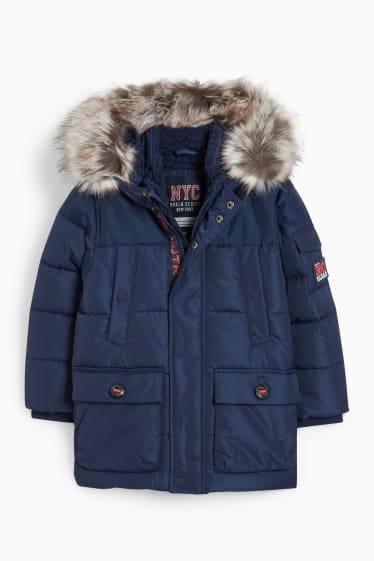 Kinderen: jongens - Parka met capuchon en imitatiebontrandje - winter - donkerblauw