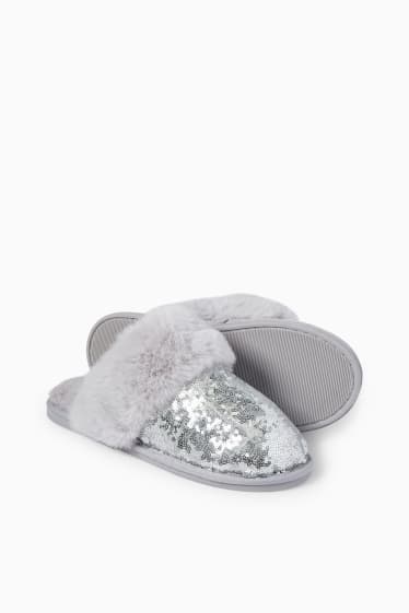 Femei - Papuci de casă cu paiete - argintiu