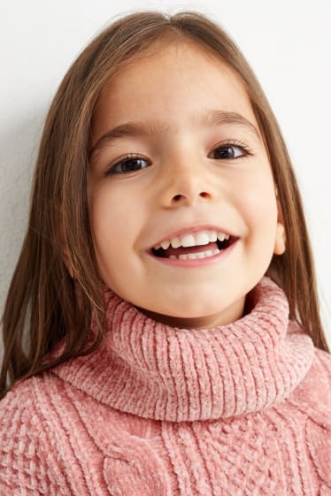 Children - Chenille polo neck jumper - cable knit pattern - rose