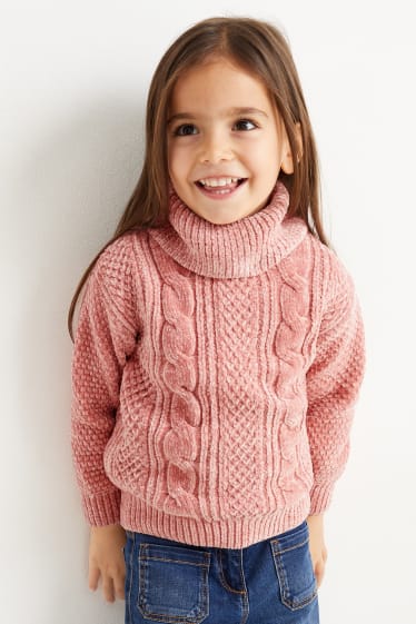 Enfants - Pull à col roulé en maille chenille - motif tressé - rose