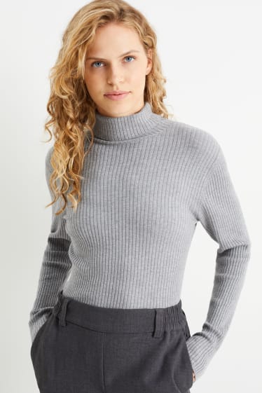 Damen - Basic-Rollkragenpullover - gerippt - grau