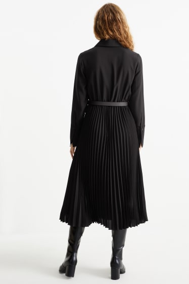 Damen - Blusenkleid mit Gürtel - plissiert - schwarz