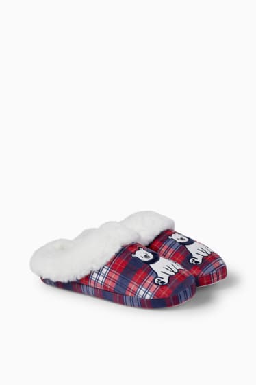 Dames - Pantoffels voor de kerst - geruit - ijsbeer - donkerrood