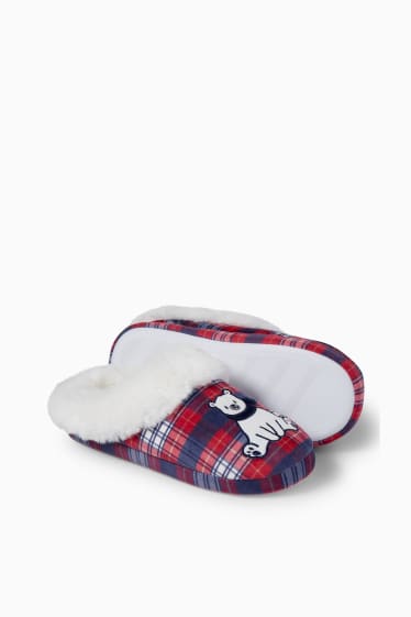 Dames - Pantoffels voor de kerst - geruit - ijsbeer - donkerrood