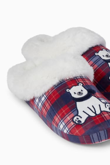Dames - Pantoffels voor de kerst - geruit - ijsbeer - donkerrood