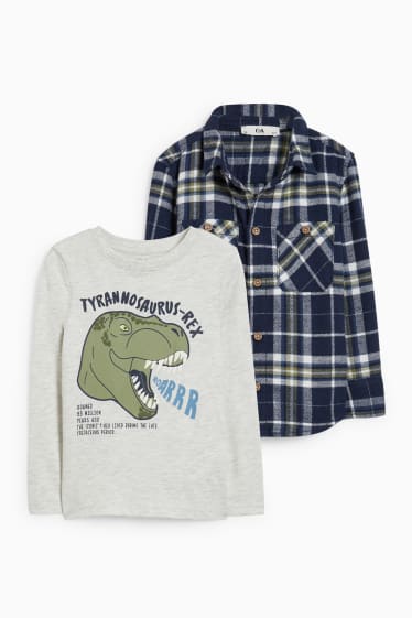 Enfants garçons - Dinosaures - ensemble - chemise en flanelle et haut à manches longues - 2 pièces - bleu foncé