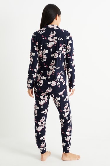 Dames - Pyjama - gebloemd - donkerblauw