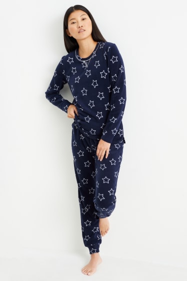 Damen - Fleece-Pyjama - gemustert - dunkelblau