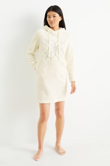 Femmes - Chemise de nuit en peluche avec capuche - blanc crème