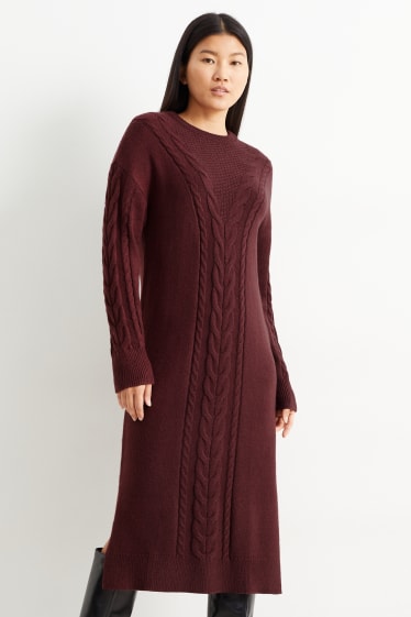 Damen - Strickkleid - Zopfmuster - bordeaux