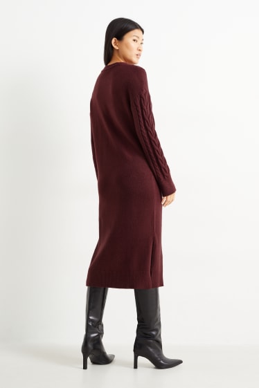 Damen - Strickkleid - Zopfmuster - bordeaux