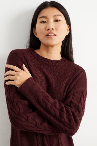 Damen - Strickkleid - Zopfmuster - bordeaux