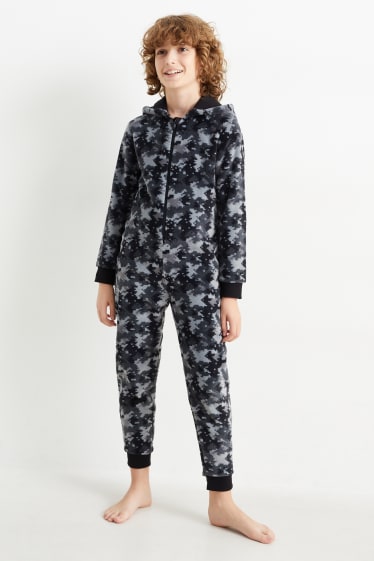 Kinderen - Onesie van fleece, met capuchon - met patroon - zwart