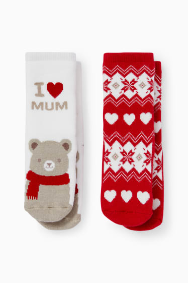 Unisexe - Lot de 2 paires - chaussettes de Noël antidérapantes pour bébé - rouge foncé
