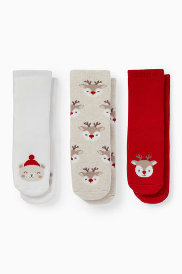 Bébés filles - Lot de 3 paires - chaussettes de Noël antidérapantes pour bébé - rouge foncé