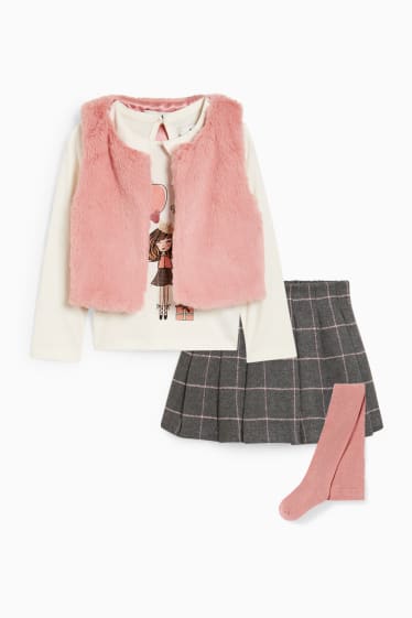 Enfants - Ensemble - haut à manches longues, gilet en imitation fourrure et collants - blanc / rose