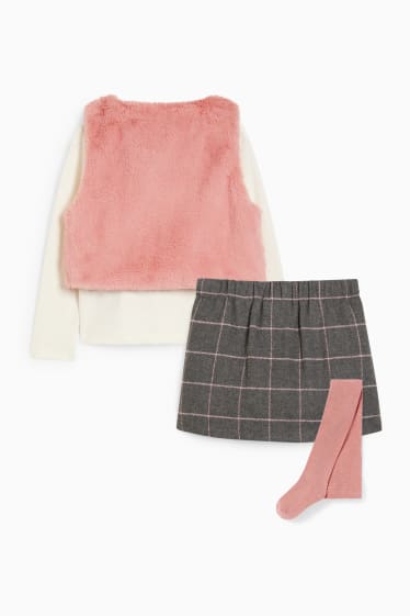 Enfants - Ensemble - haut à manches longues, gilet en imitation fourrure et collants - blanc / rose