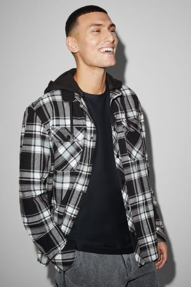 Herren - Flanellhemd mit Kapuze - Relaxed Fit - kariert - schwarz / weiss