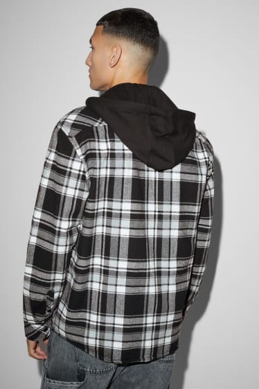 Herren - Flanellhemd mit Kapuze - Relaxed Fit - kariert - schwarz / weiss