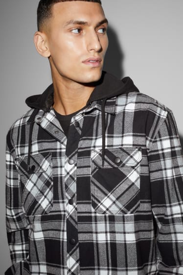 Herren - Flanellhemd mit Kapuze - Relaxed Fit - kariert - schwarz / weiss
