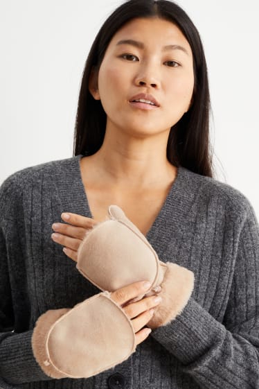 Damen - Fäustlinge - Velourslederimitat - beige