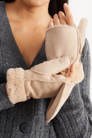 Damen - Fäustlinge - Velourslederimitat - beige