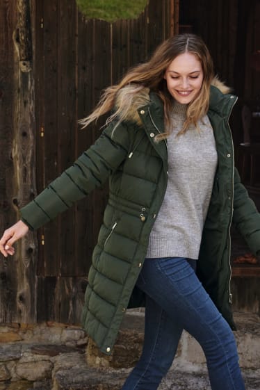 Donna - Cappotto trapuntato con cappuccio e riporto di ecopelliccia. - verde scuro
