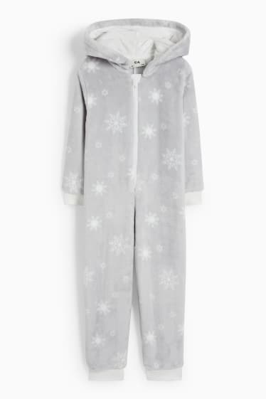 Kinderen: meisjes - Sneeuwvlokken - onesie van fleece, met capuchon - grijs