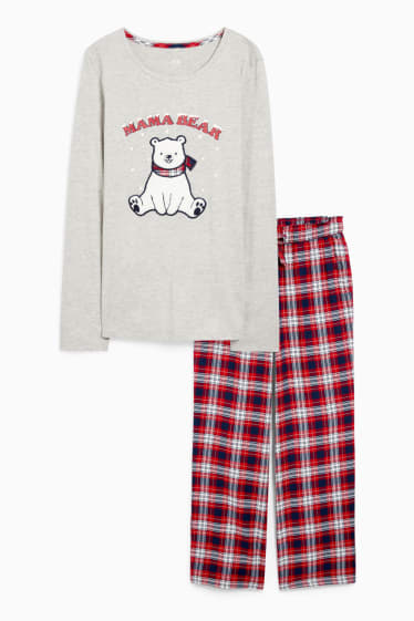 Damen - Weihnachts-Pyjama mit Flanellhose - Eisbär - hellgrau-melange