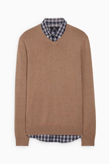 Men - Fine knit jumper and shirt - regular fit - button-down collar - beige