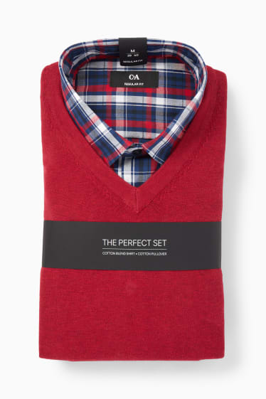 Home - Jersei de punt fi i camisa - regular fit - button-down - vermell fosc