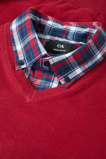 Hommes - Pull en maille fine et chemise - regular fit - col button down - rouge foncé