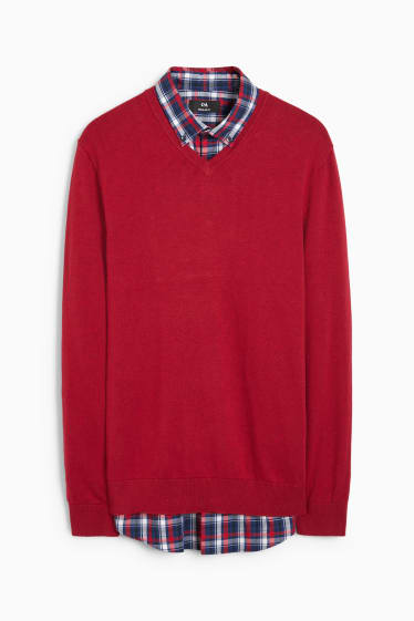 Hommes - Pull en maille fine et chemise - regular fit - col button down - rouge foncé