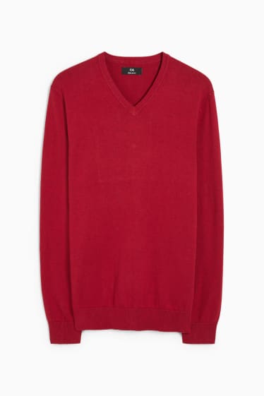 Hommes - Pull en maille fine et chemise - regular fit - col button down - rouge foncé