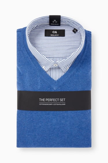 Herren - Feinstrick-Pullover und Hemd - Regular Fit - Button-down - blau