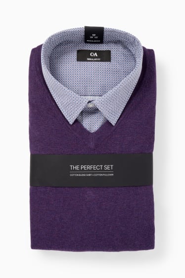 Hommes - Pull en maille fine et chemise - regular fit - col kent - violet