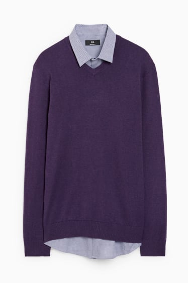 Hommes - Pull en maille fine et chemise - regular fit - col kent - violet