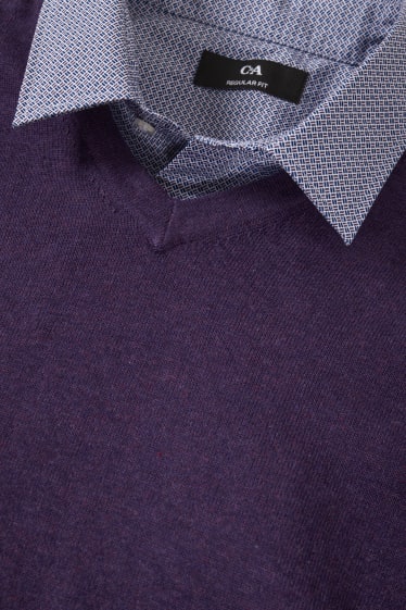 Hommes - Pull en maille fine et chemise - regular fit - col kent - violet