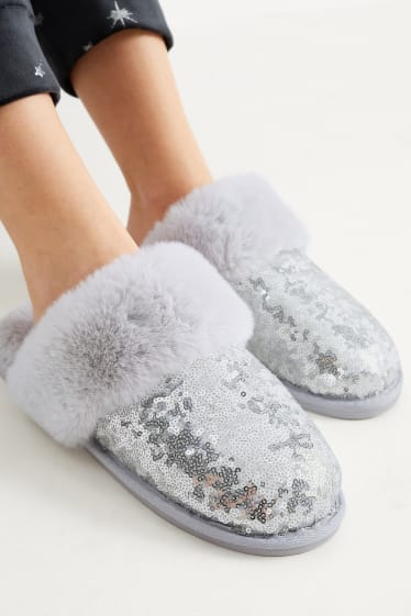 Women - Sequin slippers - silver