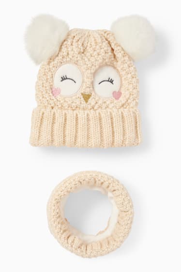 Kinderen: meisjes - Uil - set - gebreide muts en colsjaal - 2-delig - licht beige