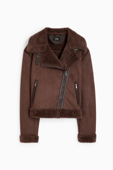 Dames - Imitatie shearling bikerjack - imitatiesuède - donkerbruin