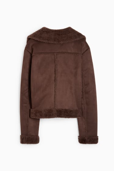Dames - Imitatie shearling bikerjack - imitatiesuède - donkerbruin