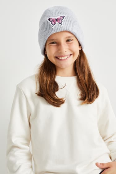 Enfants filles - Papillon - bonnet en maille - gris clair chiné