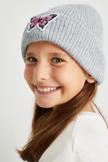 Enfants filles - Papillon - bonnet en maille - gris clair chiné