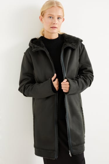 Damen - Mantel mit Kapuze - schwarz