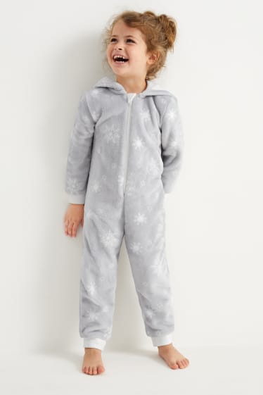 Kinderen: meisjes - Sneeuwvlokken - onesie van fleece, met capuchon - grijs