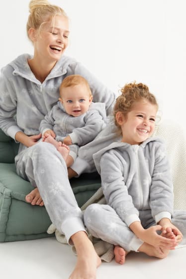 Kinderen: meisjes - Sneeuwvlokken - onesie van fleece, met capuchon - grijs